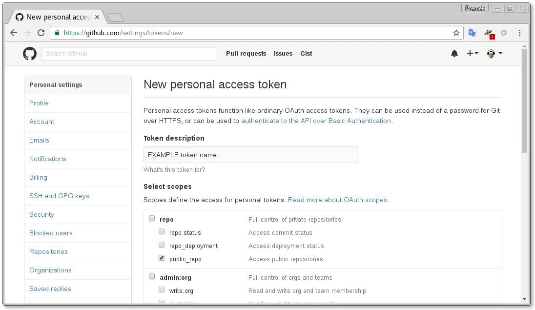 new personal access token screenshot