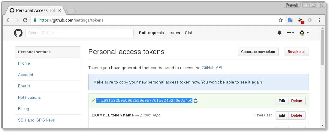 personal access tokens screenshot